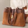 Elegant Brown Leather & Suede Tote Shoulder Bag – Golden Buckle | Western Leather Gear