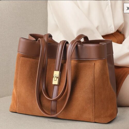 Elegant Brown Leather & Suede Tote Shoulder Bag – Golden Buckle | Western Leather Gear