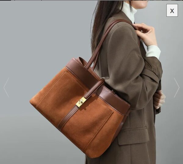 Elegant Brown Leather & Suede Tote Shoulder Bag – Golden Buckle | Western Leather Gear