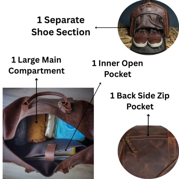 10 inch (5) Leather Duffel Bag with Shoe Compartment – Men’s Weekender Overnight Travel Bag | Gym, Sports & Anniversary Gift