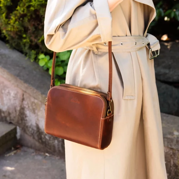 Leather Crossbody Bag for Women – Genuine Leather Mini Shoulder Purse with Two Zippers