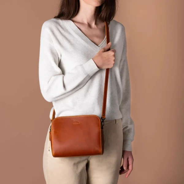 Leather Crossbody Bag for Women – Genuine Leather Mini Shoulder Purse with Two Zippers